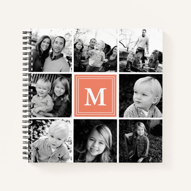 Square Photo Collage Coral Monogrammed Custom Notebook (Front)