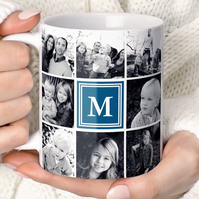 Square Photo Collage Navy Monogrammed Custom Coffee Mug (Creator Uploaded)