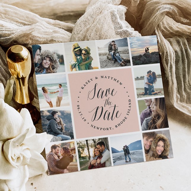 Square Photo Collage Save the Date Card | Blush (Creator Uploaded)
