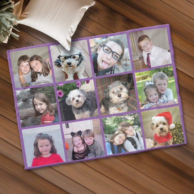 Square Photo Collage - Up to 12 photos Purple Fleece Blanket (Custom Fleece Blanket - Add Photos and Text)