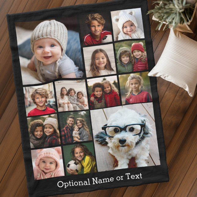 Square Photo Collage - Up to 14 photos Black Fleece Blanket (A fun photo collage blanket with up to 14 photos)