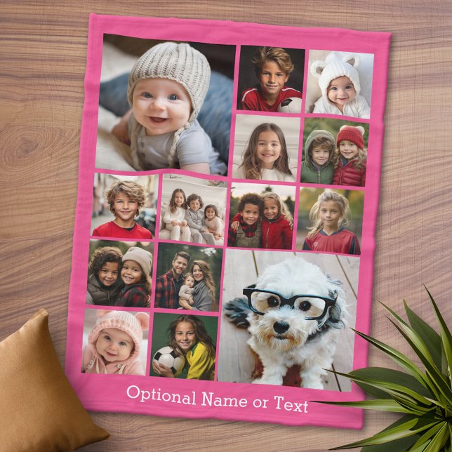 Square Photo Collage - Up to 14 photos Pink Fleece Blanket (Personalized Fleece Blanket - Add Photos and Text or Customize completely in advanced design area)