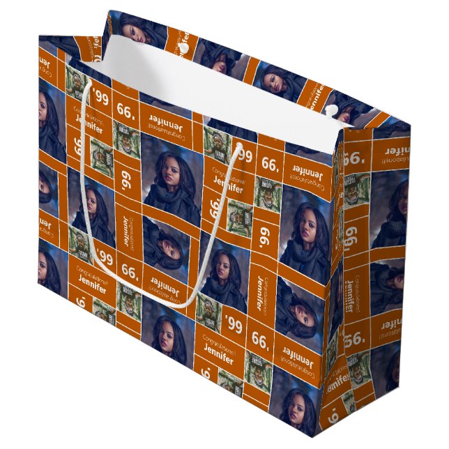 Square Photo Graduation Class Year Burnt Orange Large Gift Bag (Front Angled)