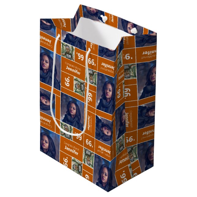 Square Photo Graduation Class Year Burnt Orange Medium Gift Bag (Front Angled)