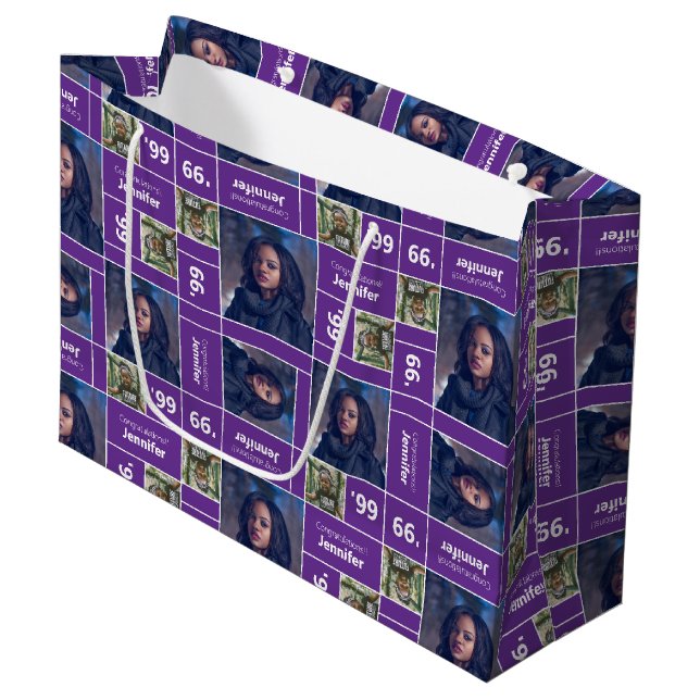 Square Photo Graduation Class Year Purple Large Gift Bag (Front Angled)