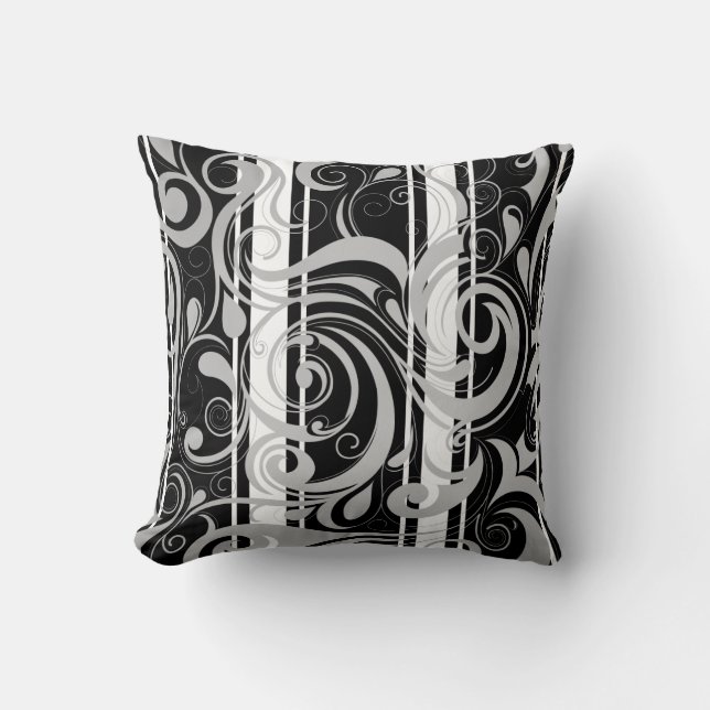 Square Pillow Black White Swirl Floral (Front)