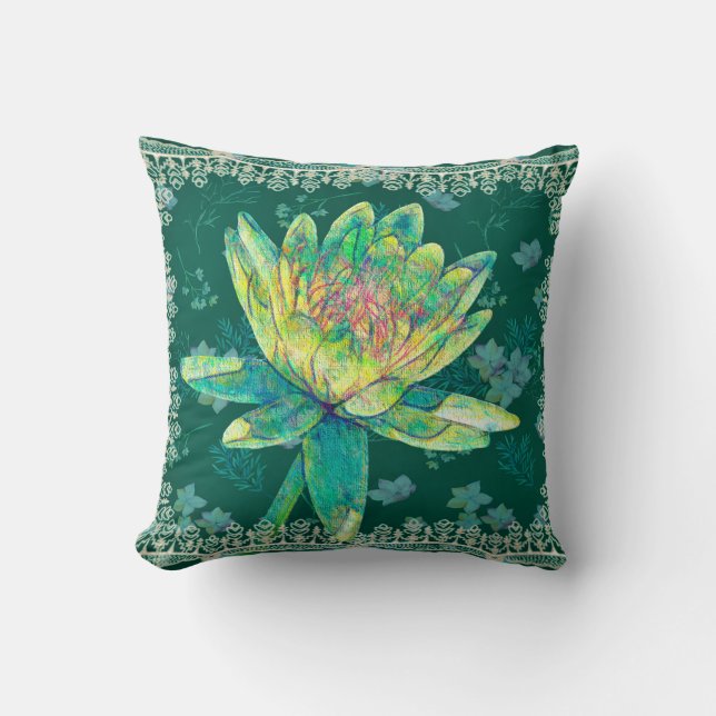 Square Pillow Water Lily Design Green (Front)