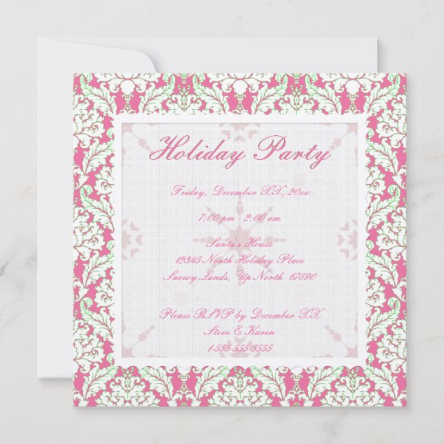 Square Pink and Green Damask Holiday Party Invite (Front)