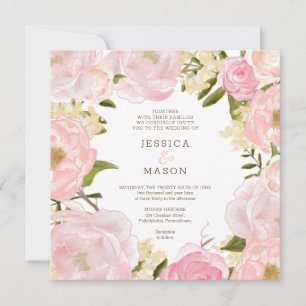 Square Pink Floral Peonies Wedding Invitation