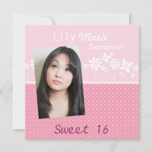 Square pink flowers birthday party invitation
