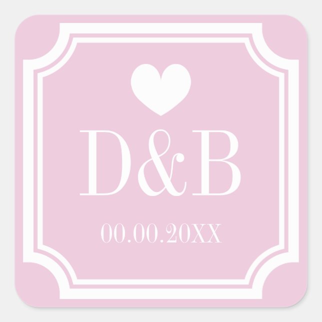 Square pink monogrammed small wedding favour square sticker (Front)