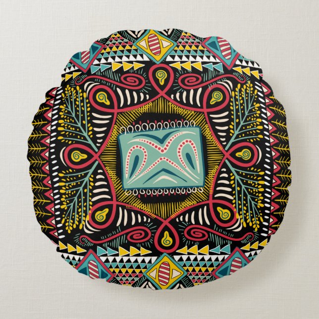 Square pocket, shawl, textile. Colourful abstract  Round Cushion (Front)