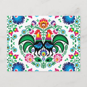 Square Polish Rooster Pattern Holiday Postcard