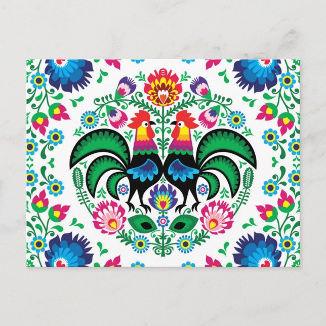 Square Polish Rooster Pattern Holiday Postcard (Front)