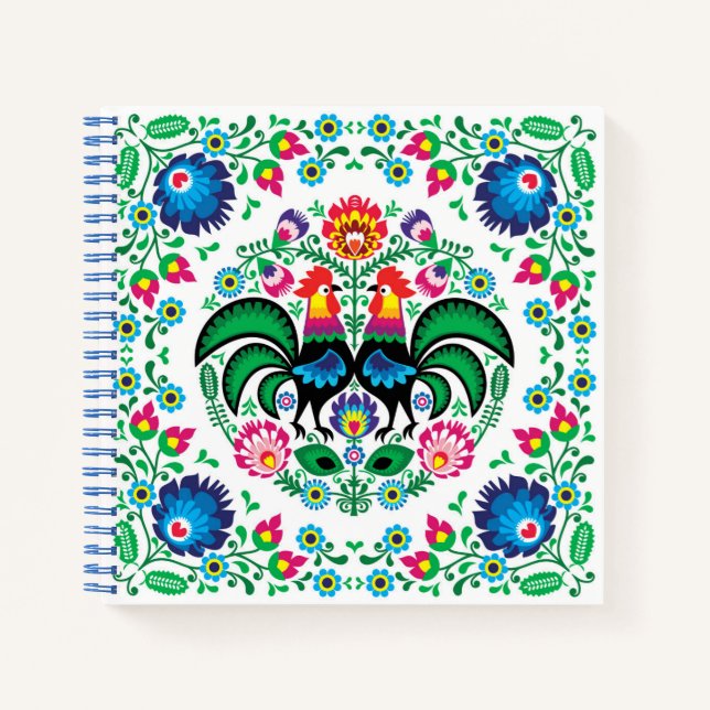 Square Polish Rooster Pattern Notebook (Front)