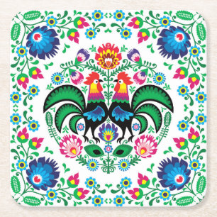 Square Polish Rooster Pattern Paper Coaster
