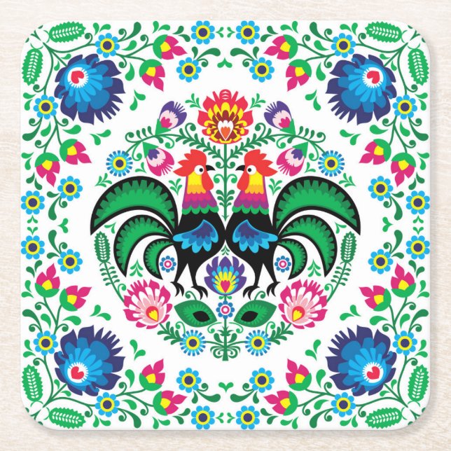 Square Polish Rooster Pattern Square Paper Coaster (Front)
