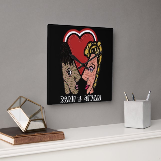 Square Pop Art Couple Clock with Custom Names (Office)