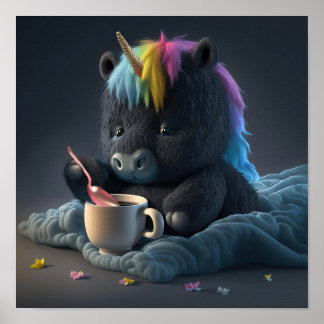 Square poster of a cute black Unicorn 
