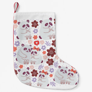 Square poster with cute pandas couples in love wit small christmas stocking