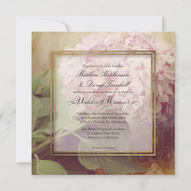 Square Pretty Blush Pink Hydrangea Vintage Wedding Invitation (Front)