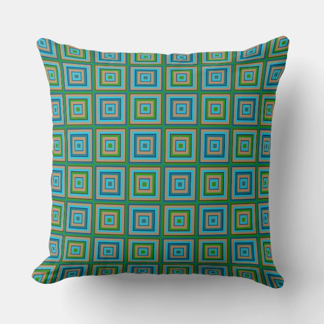 Square Prisms Green Camel Turquoise Aubergine  Cushion (Front)