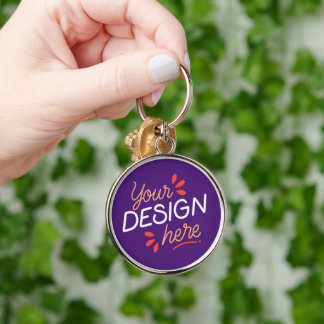 Square purple graphic with playful orange key ring
