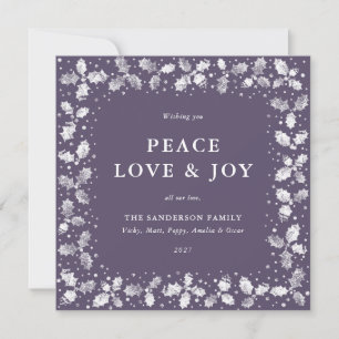 Square Purple Hand Printed Holly Peace Love + Joy Holiday Card