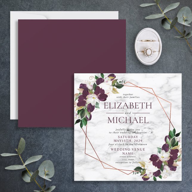 Square Purple Plum Copper Geometric Marble Invitation (Creator Uploaded)