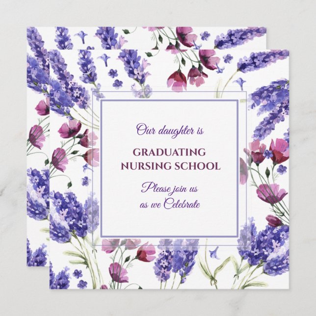 Square Purple Watercolor Flowers Graduation Invitation (Front/Back)