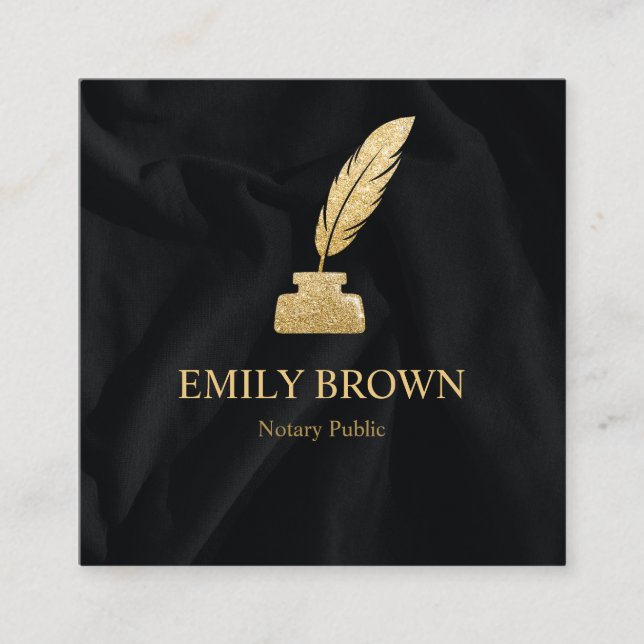 Square Quill Notary Loan Signing Agent Black Gold Business Card (Front)