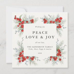 Square Red Berries Border Peace Love + Joy Holiday Card