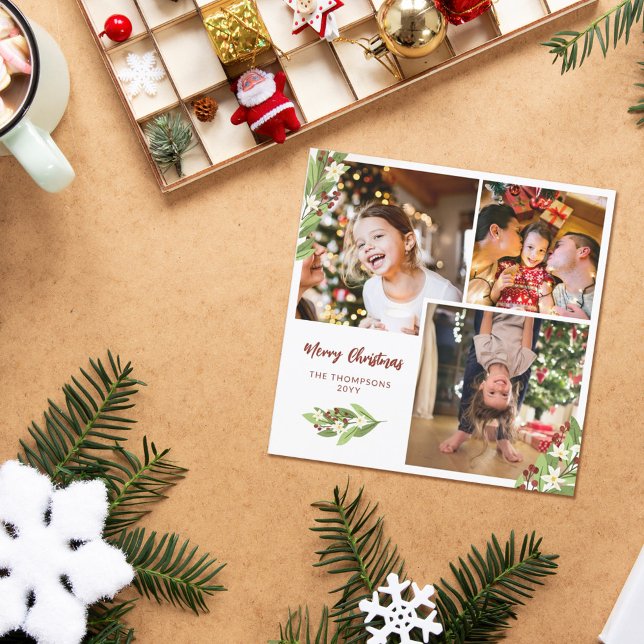 Square Red Berries Photo Collage Merry Christmas Holiday Card (Creator Uploaded)