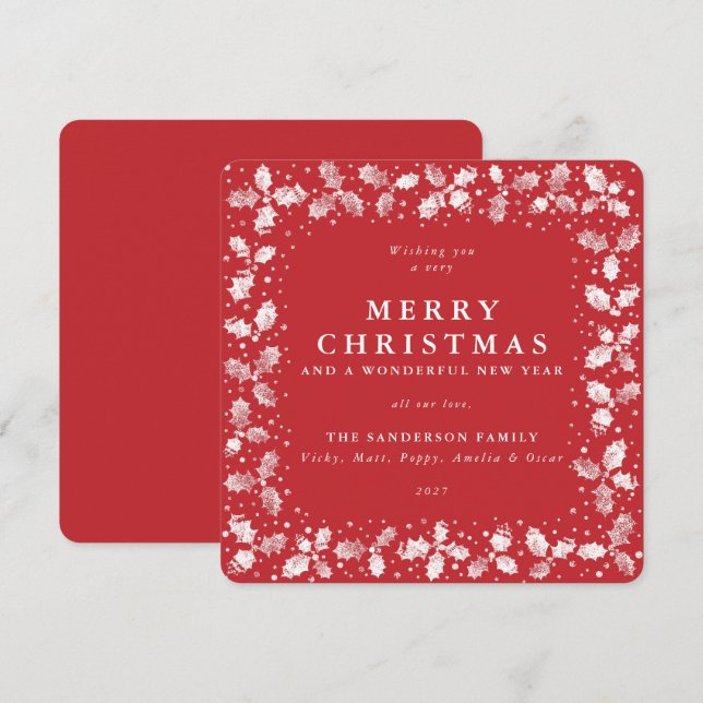 Square Red Hand Printed Holly Merry Christmas Holiday Card (Front/Back)