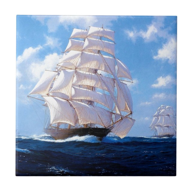 Square rigged ship at sea ceramic tile (Front)