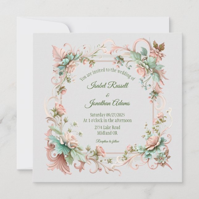Square romantic floral wedding invitation  (Front)