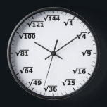 Square Root Clock - Mathematics Math Clock<br><div class="desc">square root clock, fun math wall clock, mathematics student classroom time, maths teacher class hours, number geek nerd humour, squareroot calculation school lesson, calculating calculations sums, black and white numbers, elementary primary secondary school, high school college university</div>