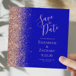 Square Royal Blue Rose Gold Save the Date Announcement<br><div class="desc">The left-hand edge of this elegant modern wedding save the date card features a rose gold faux glitter border. The customisable text combines pale rose gold blush-coloured handwriting,  copperplate and italic fonts on a royal blue background. The reverse side features a matching royal blue and rose gold design.</div>
