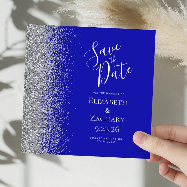 Square Royal Blue Silver Glitter Save the Date Announcement (Creator Uploaded)