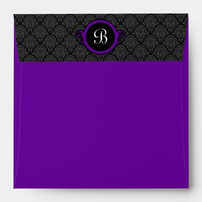 Square Royal Purple Damask Flap Monogram Envelopes (Back (Top Flap))