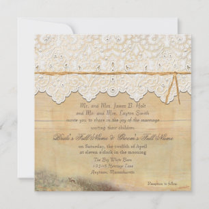 Square Rustic Barn Outdoor Garden Boho Lace Wood Invitation
