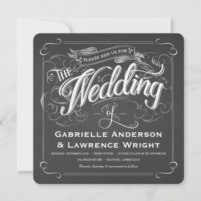 Square Rustic Chalkboard Art Wedding Invitations (Front)