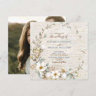 Square Rustic Dusty Blue & Cream Botanical Photo Invitation