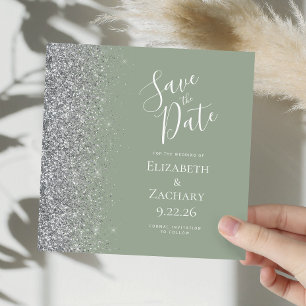 Square Sage Green Silver Glitter Save the Date Announcement