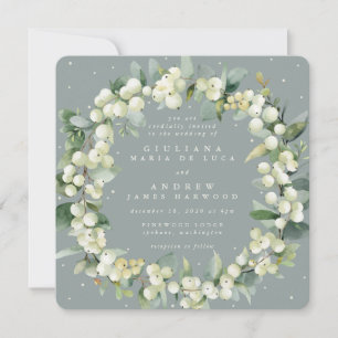 Square Seafoam Snowberry+Eucalyptus Wreath Wedding Invitation