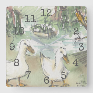 Square Shaped Clock "Watercolor Ducks at Parc"