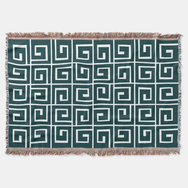 Square Spirals - Dark Moss Green on White Throw Blanket (Front)