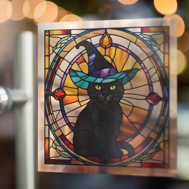 Square Stained Glass Black Cat Halloween Decor (Square peel off window cling (works on mirrors too))