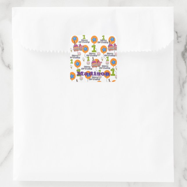 Square Stickers, #1 First Birthday White Sticker (Bag)