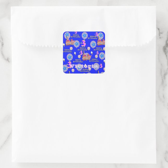 Square Stickers, #3 Happy 3rd Birthday Blue Sticker (Bag)